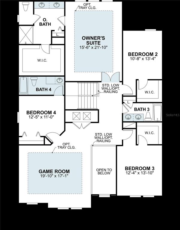 This is a floor plan of a residential second story featuring four bedrooms and a game room — 5009 BASSWOOD STREET, LAKELAND, FL