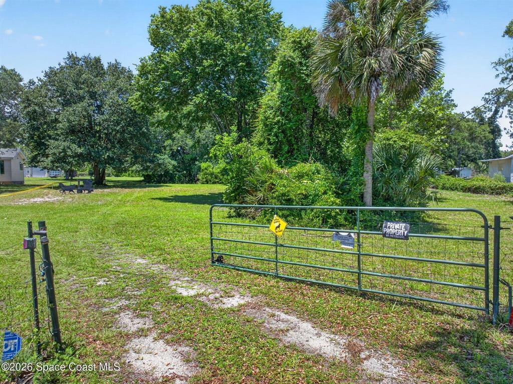 A green metal gate opens onto a grassy lot with mature trees and a palm — 6700 US HIGHWAY 1, MIMS, FL