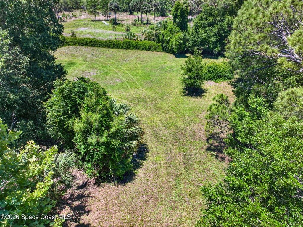 An aerial view shows a grassy, rectangular lot surrounded by dense trees and vegetation — 6700 US HIGHWAY 1, MIMS, FL