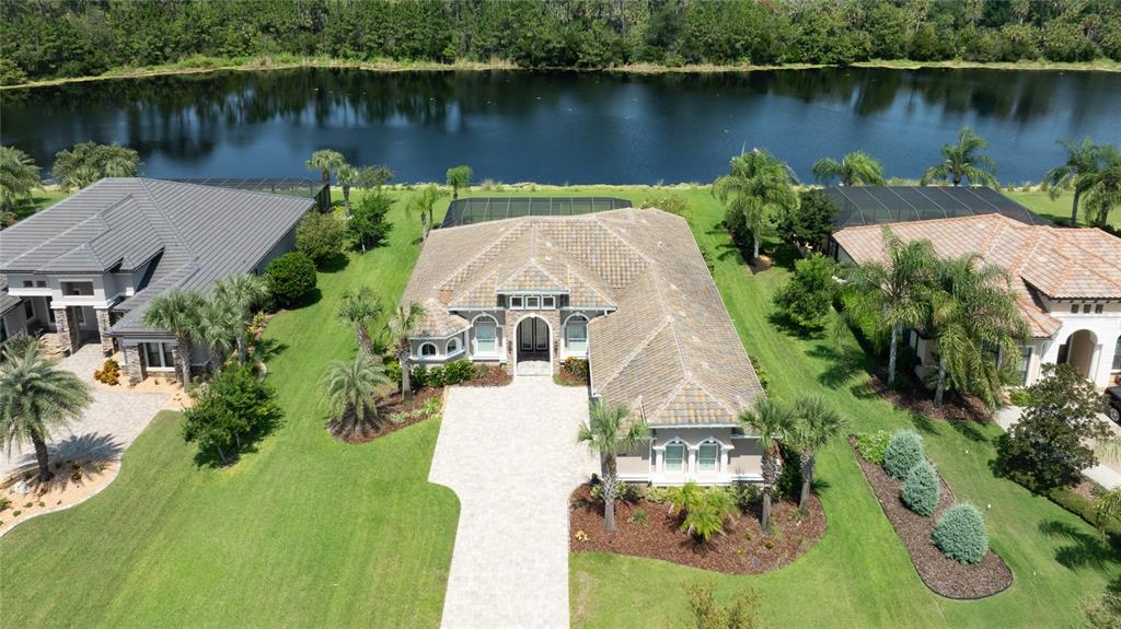 An aerial view shows a single-story house with a tiled roof and a paved driveway — 206 WILLOW OAK WAY, PALM COAST, FL