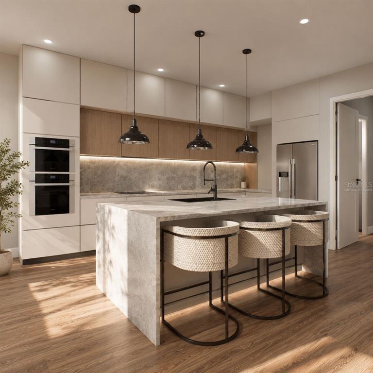 This is a rendering of a modern kitchen featuring a stone island and wood cabinetry — 19215 NUTMEG ST, ORLANDO, FL