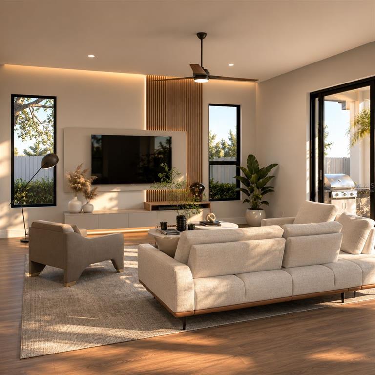 This rendering shows a modern living room with a slatted wood accent wall and television — 19215 NUTMEG ST, ORLANDO, FL