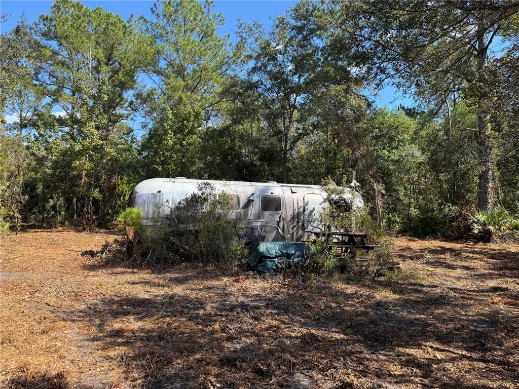 An old, weathered silver travel trailer sits in a wooded, dirt-covered clearing — TBD QUAIL ROAD, CEDAR KEY, FL