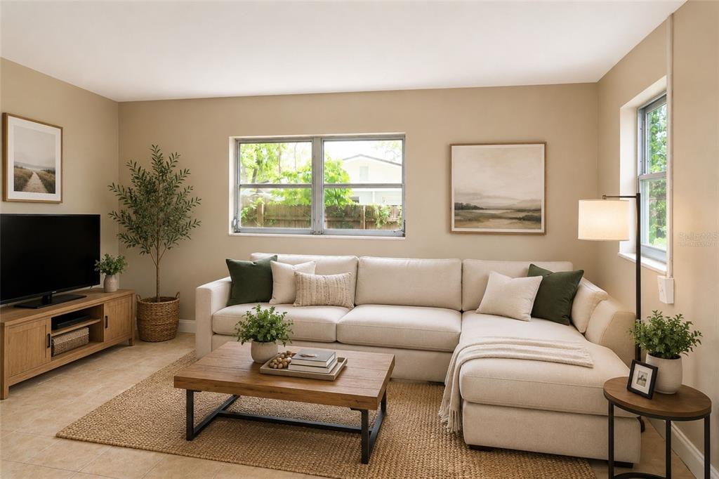 A living room features a beige sectional sofa, a wooden coffee table, and a television console — 9412 N ELMER STREET, TAMPA, FL