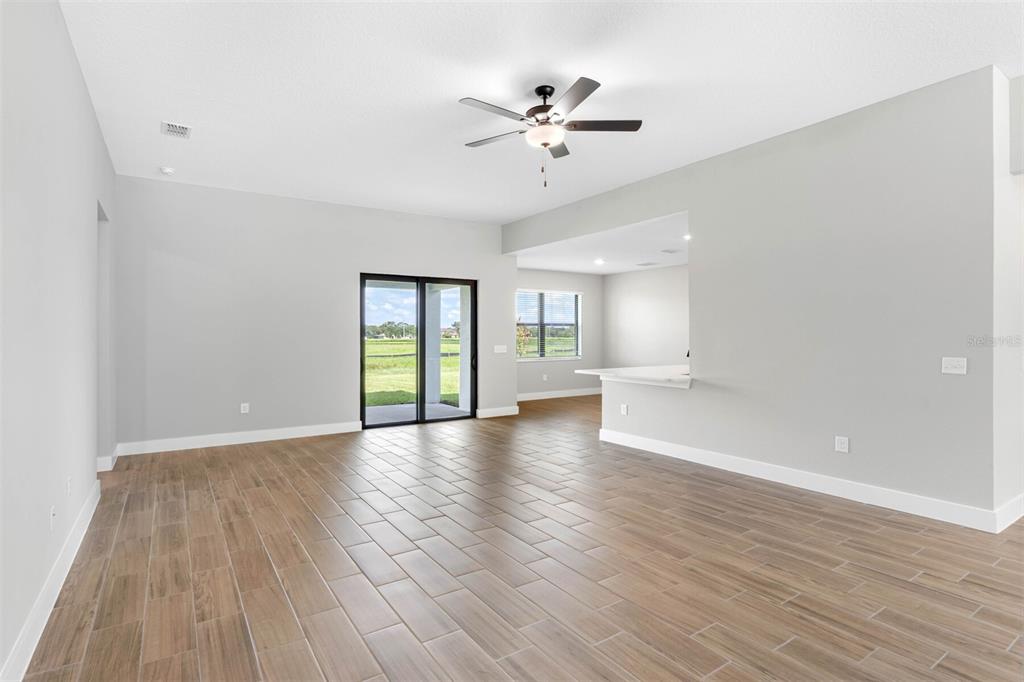 An open-concept living area features light gray walls, wood-look tile flooring, and a ceiling fan — 13509 WALDEN SHEFFIELD ROAD, DOVER, FL