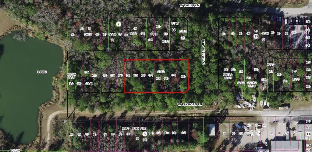 This is an aerial map showing property parcel boundaries and lot numbers in a wooded area — 8733 W ELKHORN DRIVE, HOMOSASSA, FL