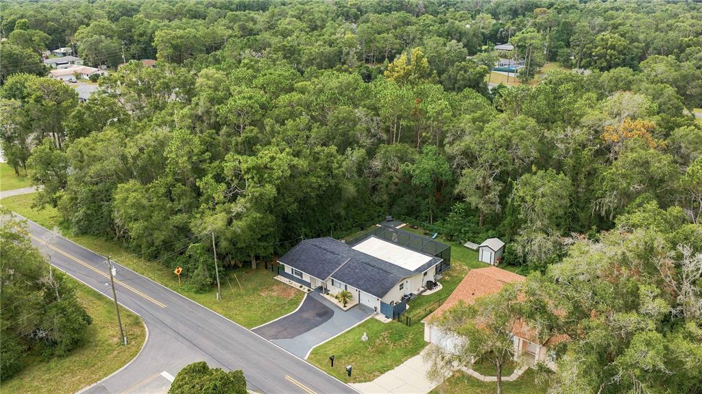 An aerial view shows a single-story house with a pool enclosure and a wooded backyard — 221 E INVERNESS BOULEVARD, INVERNESS, FL
