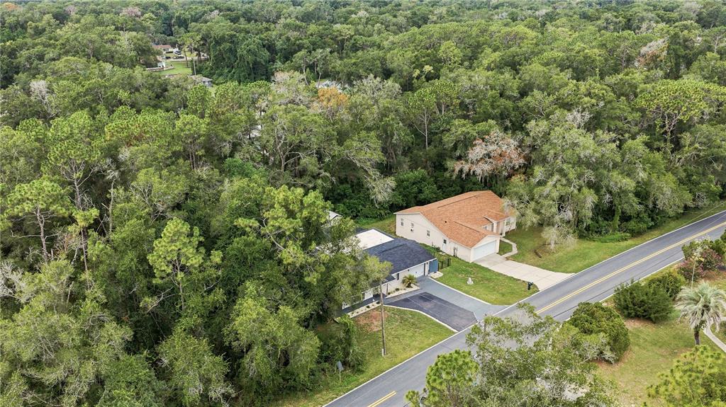 An aerial view shows two houses situated along a road surrounded by dense forest — 221 E INVERNESS BOULEVARD, INVERNESS, FL
