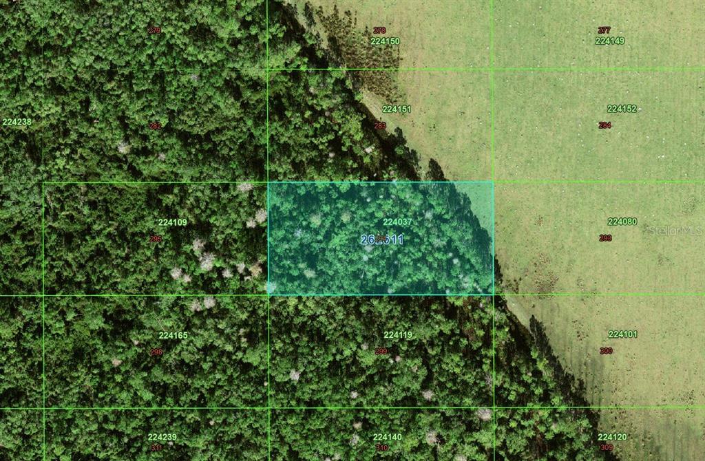 This is an aerial map showing a rectangular parcel of land highlighted in blue — TBD, POLK CITY, FL
