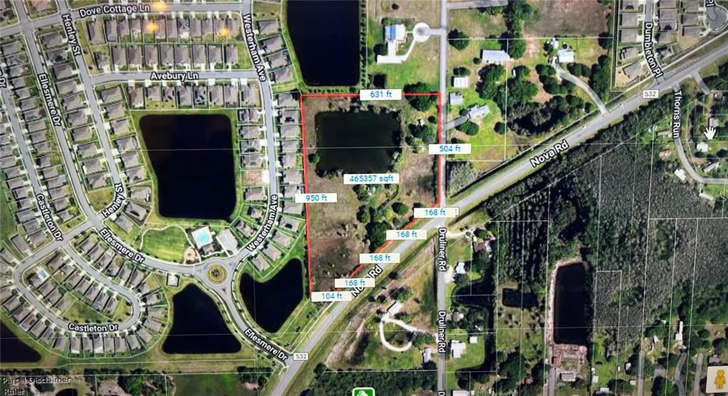 This is an aerial map showing a large, irregularly shaped plot of land with a pond — 1888 DRULINER ROAD, ST CLOUD, FL
