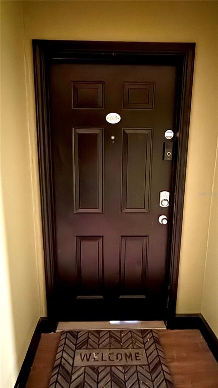 A dark brown front door with a welcome mat in a neutral-colored entryway — 911 N ORANGE AVENUE UNIT 243, ORLANDO, FL