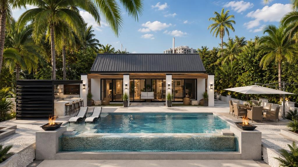 A modern house exterior features a swimming pool with a glass wall and outdoor seating — 515 S WASHINGTON DRIVE, SARASOTA, FL