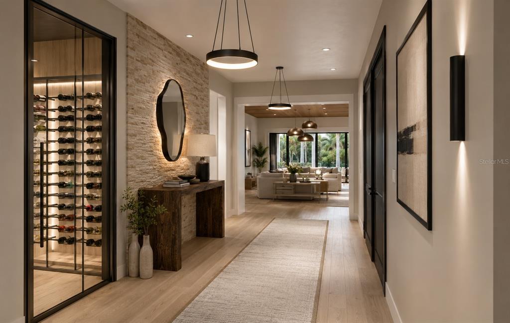 This rendering shows a modern hallway with a wine cellar, stone wall, and console table — 515 S WASHINGTON DRIVE, SARASOTA, FL