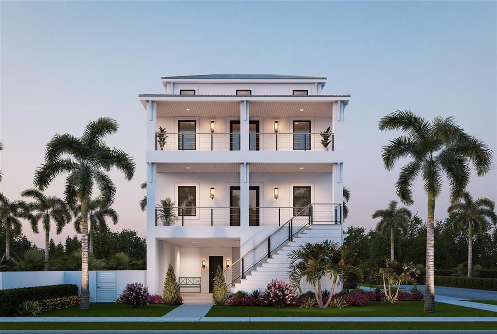 A rendering of a three-story white coastal home with two levels of balconies and stairs — 770 182ND AVENUE E, REDINGTON SHORES, FL