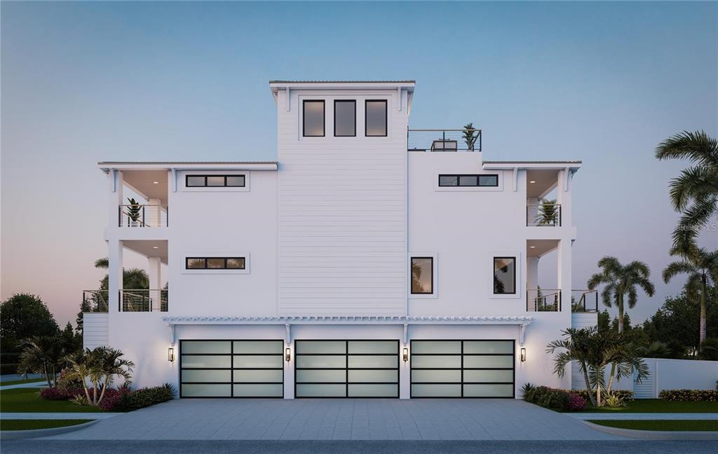 This is a digital rendering of a three-story white house with a three-car garage — 770 182ND AVENUE E, REDINGTON SHORES, FL
