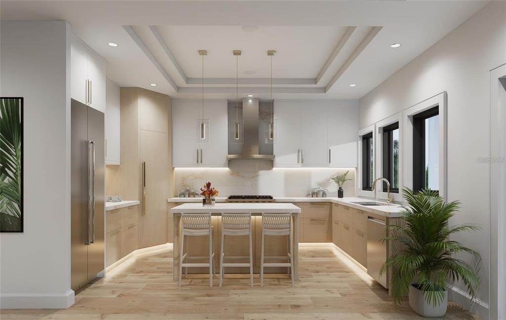 This is a rendering of a modern kitchen featuring light wood cabinetry and a central island — 770 182ND AVENUE E, REDINGTON SHORES, FL