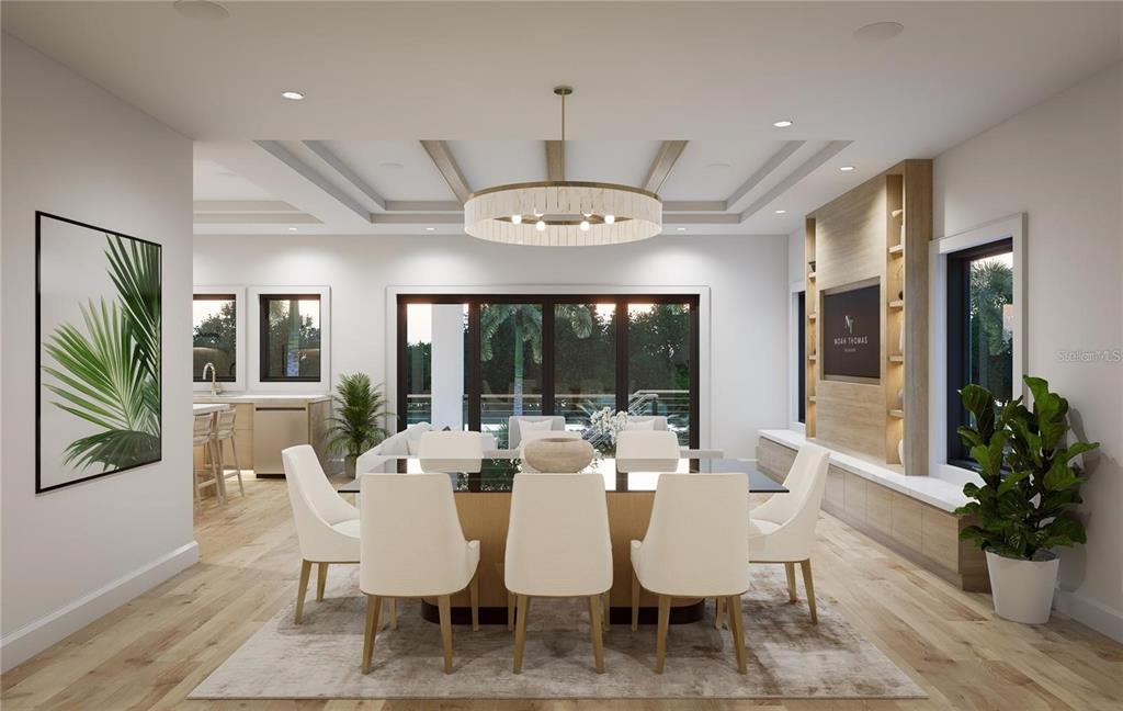This is a rendering of a modern dining room featuring a large chandelier and wood cabinetry — 770 182ND AVENUE E, REDINGTON SHORES, FL