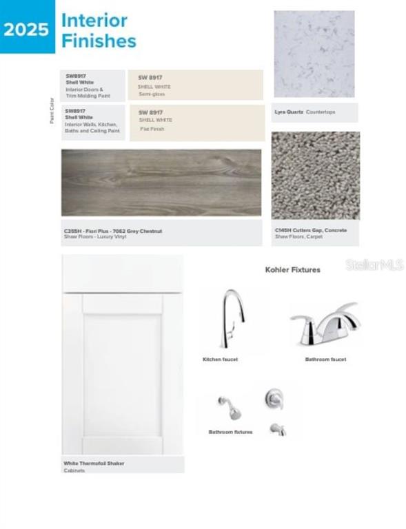 This image is a design board displaying interior finish samples including paint, flooring, countertops, cabinets, and fixtures — 152 FISHER COURSE, OCKLAWAHA, FL