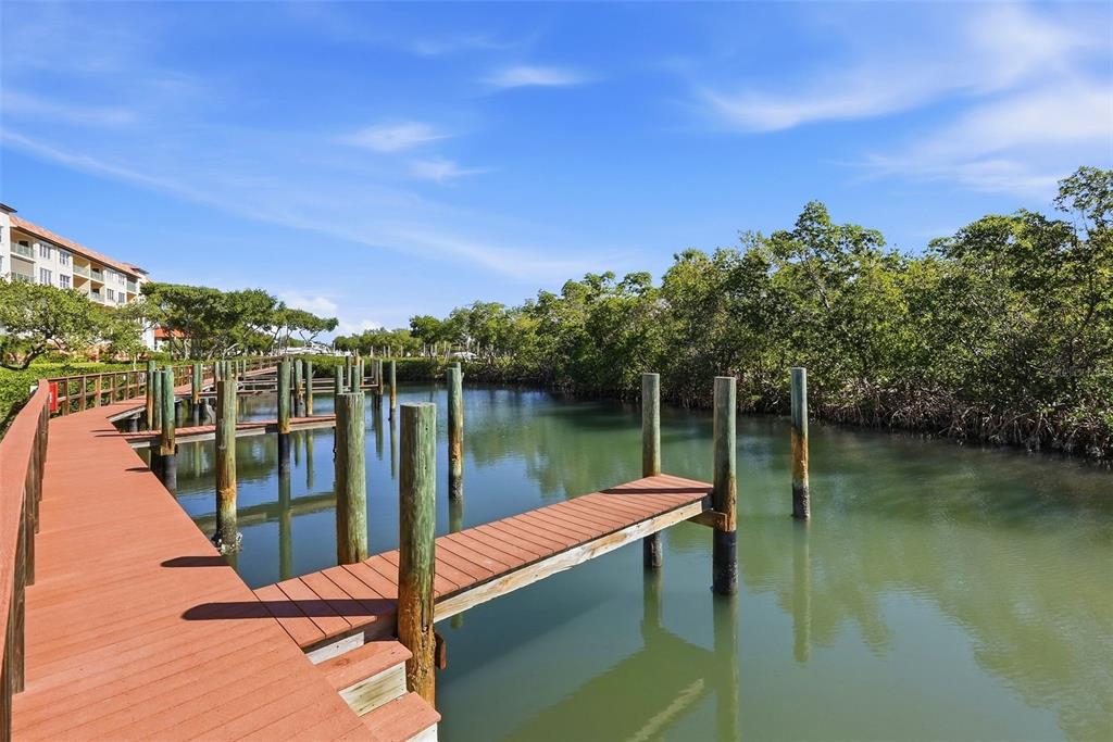 A wooden boardwalk and dock extend over a calm canal lined with lush green mangroves — 1695 PINELLAS BAYWAY S UNIT E4, TIERRA VERDE, FL