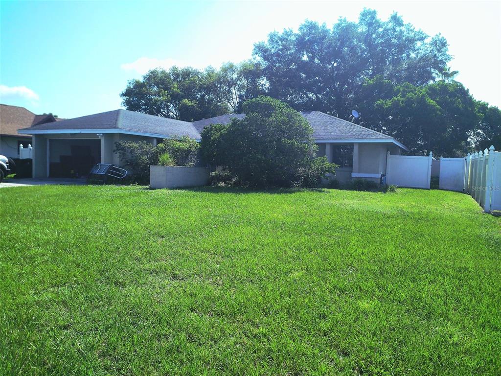 The backyard of a house features a screened-in porch, a lawn, and mature trees — 2419 AMBERLY AVENUE, ORLANDO, FL