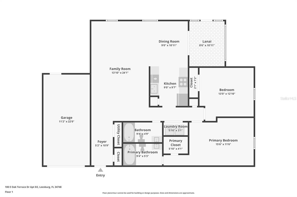 This is a floor plan for a one-story residential unit with a garage and lanai — 100 E OAK TERRACE DRIVE UNIT D2, LEESBURG, FL