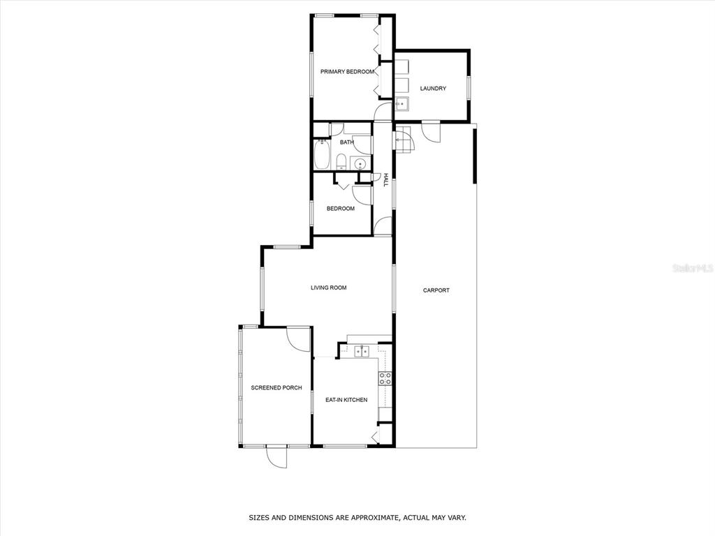 This is a floor plan showing a home with two bedrooms, one bath, and a carport — 128 E SAINT JOHNS WAY, APOLLO BEACH, FL