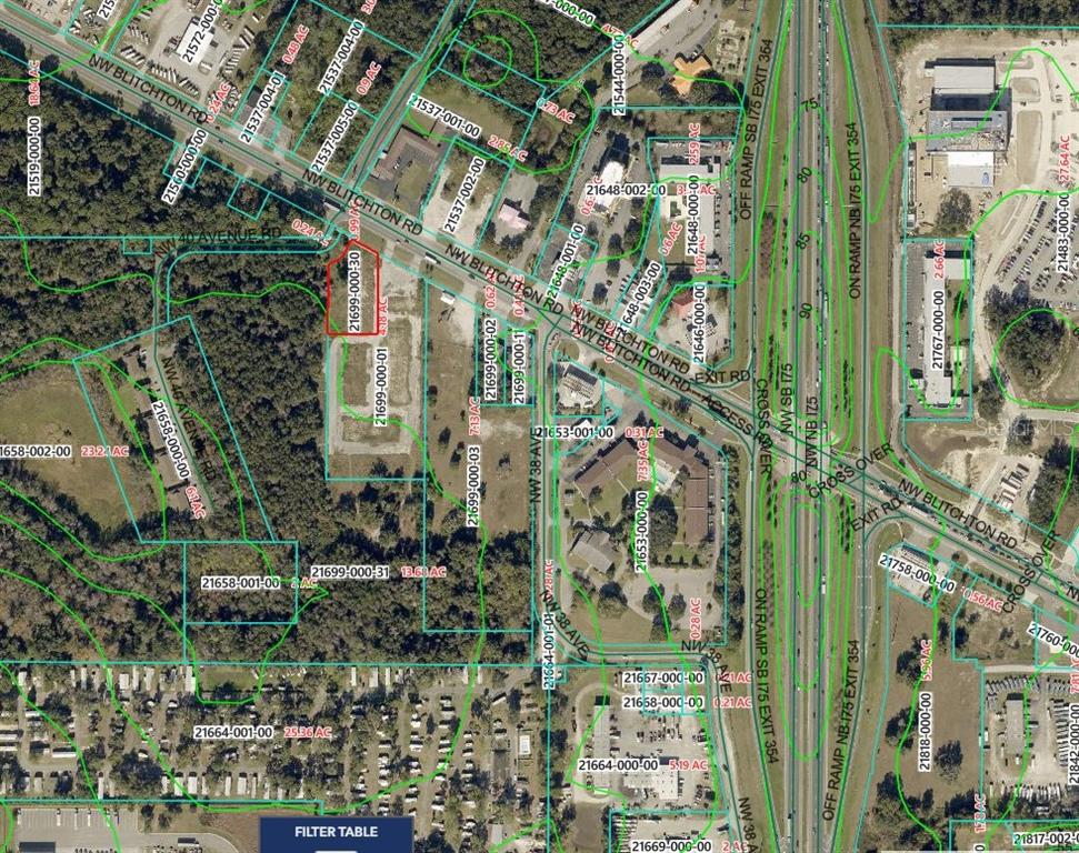This is an aerial map showing property parcel boundaries and road infrastructure — 4030 NW BLITCHTON ROAD, OCALA, FL