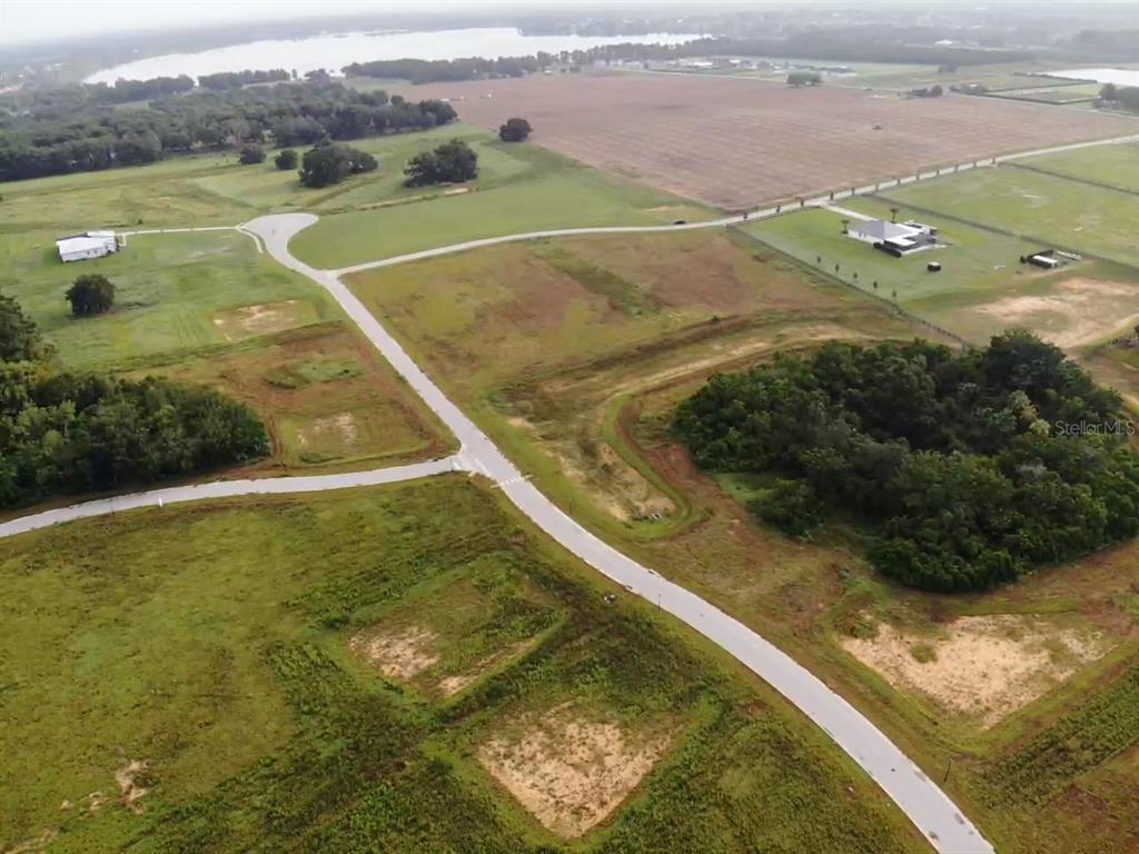 An aerial view shows a paved road winding through undeveloped rural land and grassy fields — WHITE EGRET DRIVE, THONOTOSASSA, FL