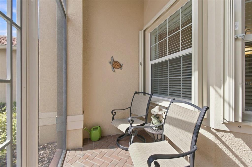 A screened-in patio features two chairs, a small side table, and a turtle wall decoration — 4874 MARBLE SPRINGS CIRCLE, WIMAUMA, FL