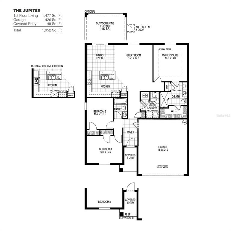 This is a floor plan for a single-story residential home named The Jupiter — 2323 SELENIA STREET, LAKE ALFRED, FL