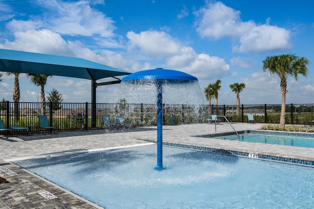 A shallow splash pad with a blue mushroom fountain sits beside a swimming pool — 2323 SELENIA STREET, LAKE ALFRED, FL