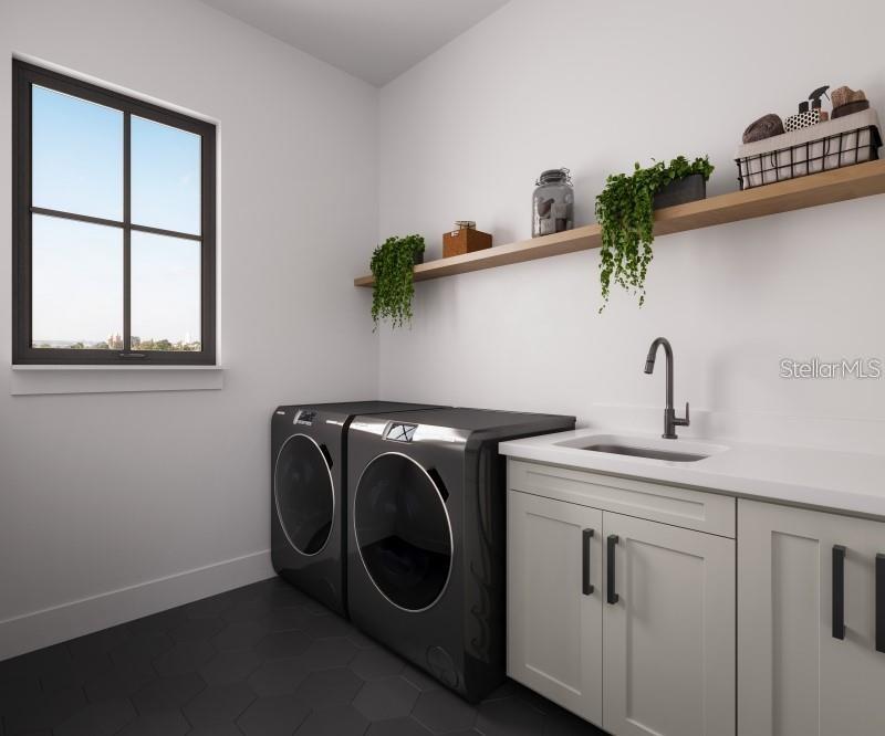 This is a rendering of a laundry room featuring black appliances, light cabinets, and open shelving — 642 MEDORA WAY, WINTER GARDEN, FL