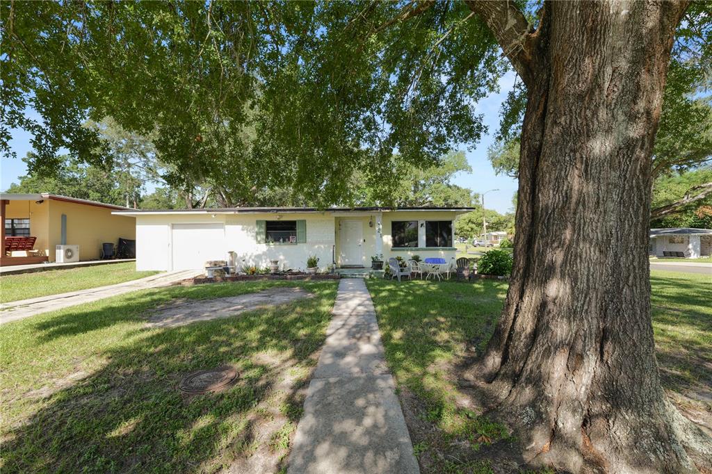 A single-story house with a white exterior, a front walkway, and a large tree — 621 HILLSIDE DRIVE, LAKELAND, FL