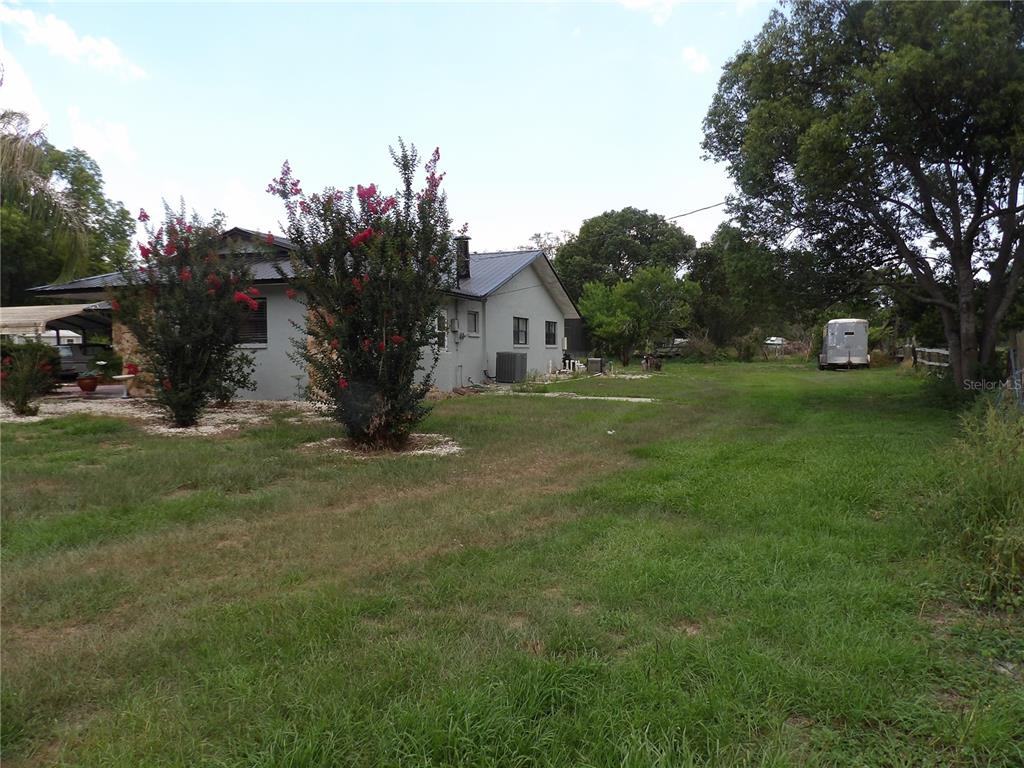 A side view of a single-story house with a metal roof and two flowering trees — 18211 OAKLAWN, SPRING HILL, FL