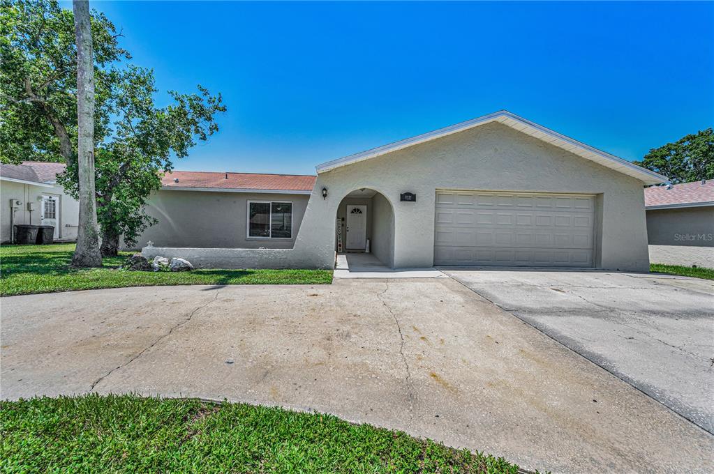 A single-story house with a beige stucco exterior, a two-car garage, and a concrete driveway — 11121 PEPPERTREE LANE, PORT RICHEY, FL