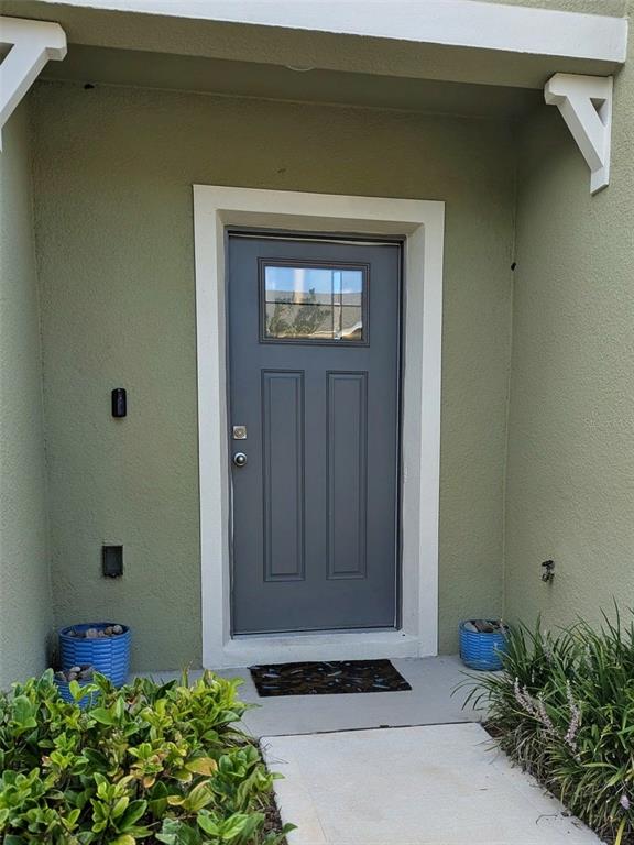 A gray front door with a small window is set in a light green exterior wall — 60 BELLA LAGO CIRCLE, PORT ORANGE, FL