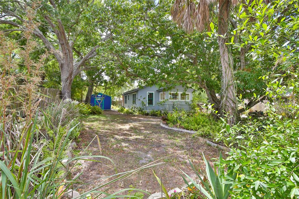 A gray house sits at the end of a dirt driveway surrounded by mature trees — 708 42ND STREET, SARASOTA, FL