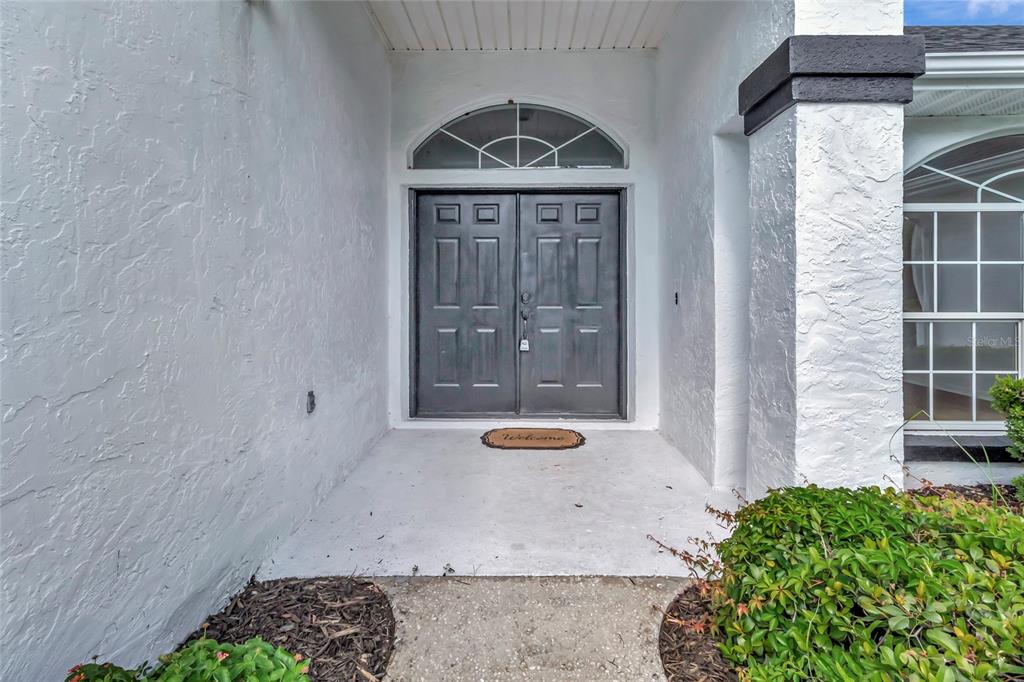 A white stucco home entrance features double dark gray doors and an arched transom window — 6856 NE 61ST AVENUE ROAD, SILVER SPRINGS, FL