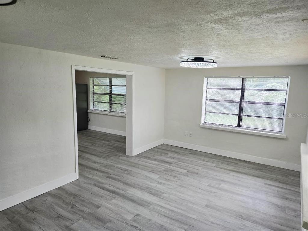 An interior view of a room with gray wood-look flooring, white walls, and two windows — 234 E LADY LAKE BOULEVARD, LADY LAKE, FL