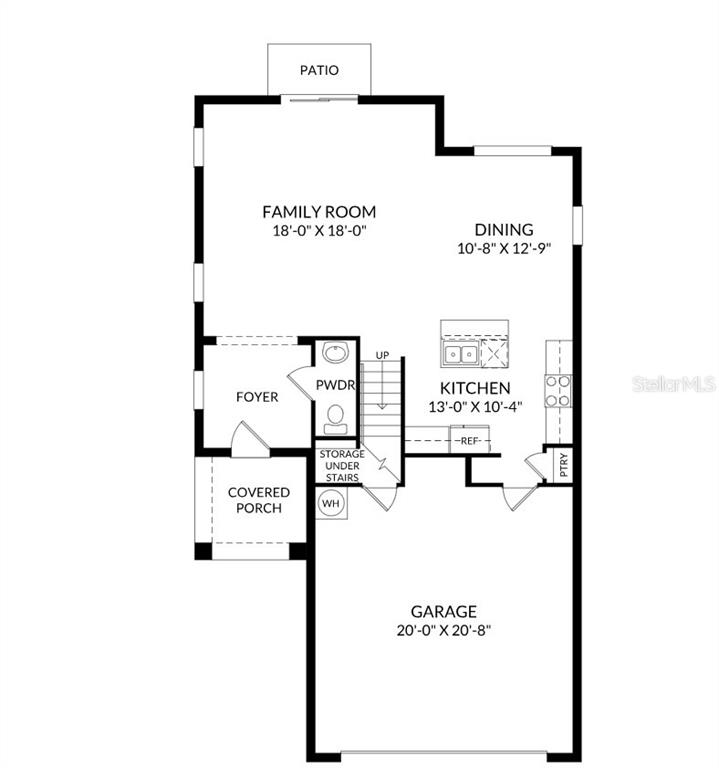 This is a floor plan of a home's main level featuring a garage and patio — 3957 PENTAS ROAD, TAVARES, FL