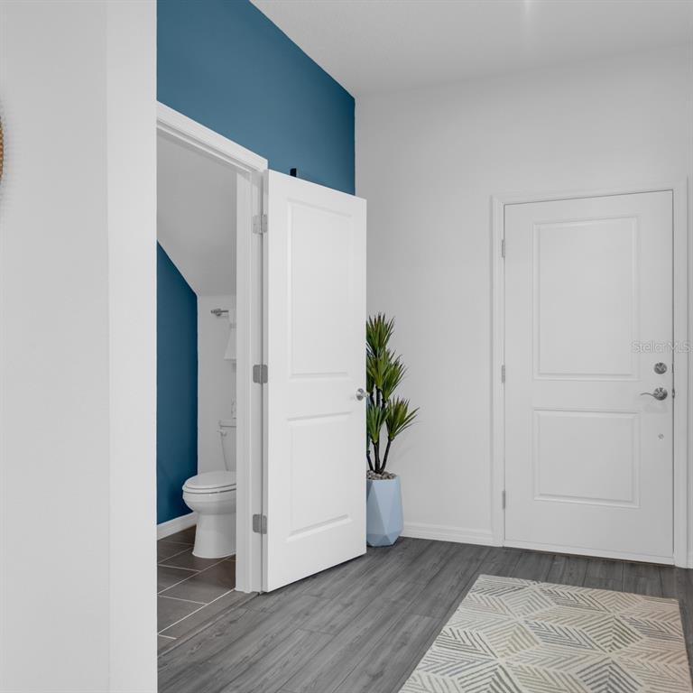 An entryway features gray wood-look flooring, a white door, and a doorway to a bathroom — 3957 PENTAS ROAD, TAVARES, FL