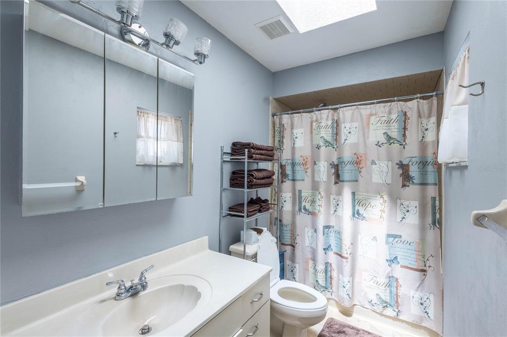 A bathroom features a vanity with a mirror, a toilet, and a shower with a curtain — 404 N HERON STREET, SEBRING, FL