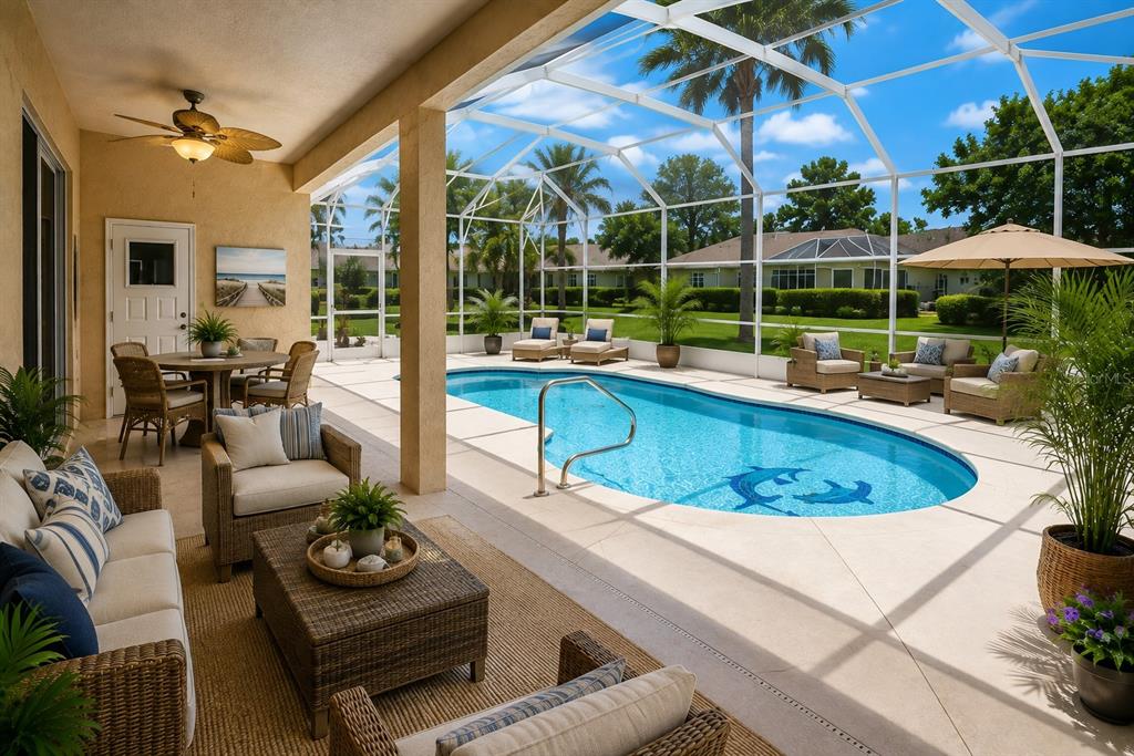 A swimming pool with a screen enclosure sits on a concrete patio behind a house — 25 WESTMINSTER DRIVE, PALM COAST, FL