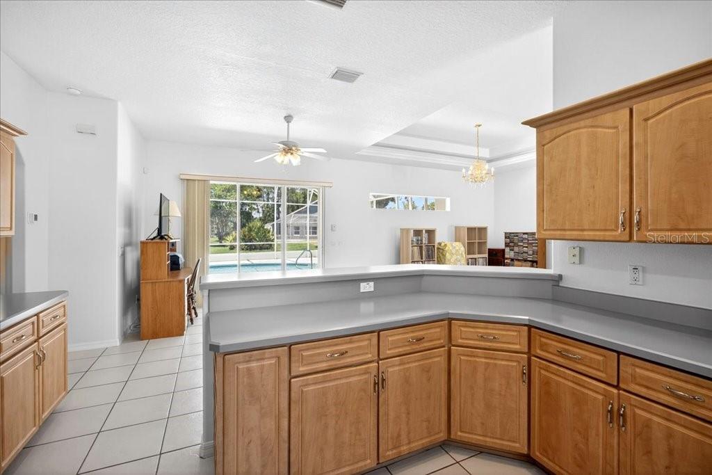 A dining area features white walls, tile flooring, a chandelier, and a front entry door — 25 WESTMINSTER DRIVE, PALM COAST, FL