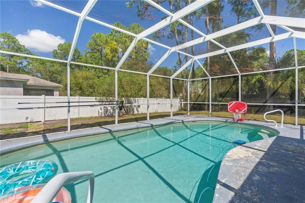 An outdoor swimming pool is enclosed by a white screen cage in a backyard setting — 57 RYARBOR DRIVE, PALM COAST, FL