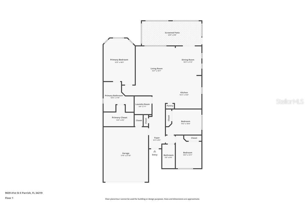 This is a floor plan of a single-story home featuring a garage and screened patio — 9039 41ST STREET E, PARRISH, FL
