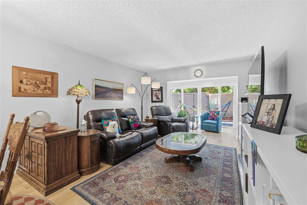 A living room features a brown leather sofa, a patterned area rug, and glass sliding doors — 2074 SUNSET POINT ROAD UNIT 136, CLEARWATER, FL