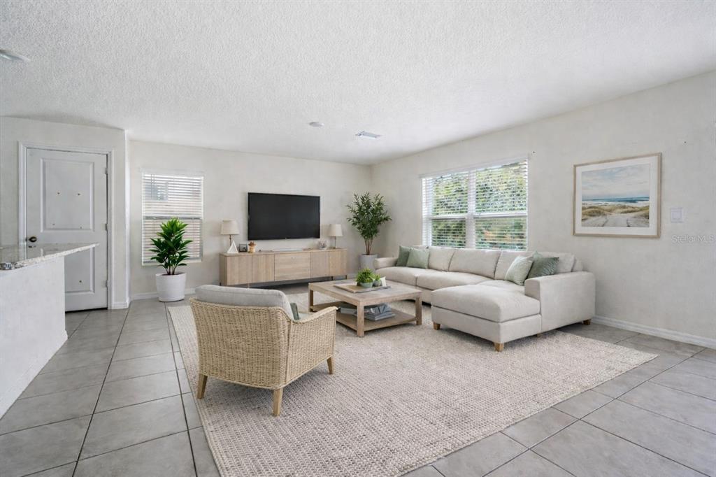 A bright living room features a sectional sofa, a wicker armchair, and a television console — 12175 WATER ASH PLACE, RIVERVIEW, FL