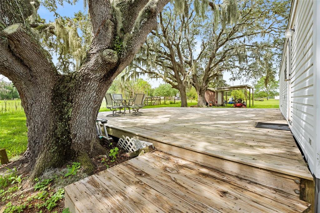 A large wooden deck extends from a white house beside a massive, moss-covered oak tree — 4586 CALIFORNIA STREET, BROOKSVILLE, FL
