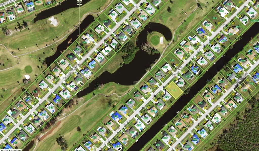 This is an aerial map showing residential properties, a golf course, and a winding canal — 41 CADDY RD, ROTONDA WEST, FL